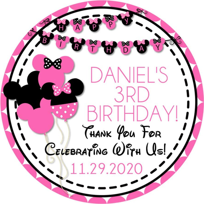 Minnie Mouse pink balloon personalized birthday sticker