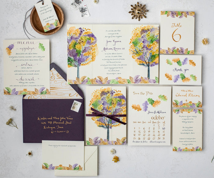 Autumn leaves with ferns wedding invitation