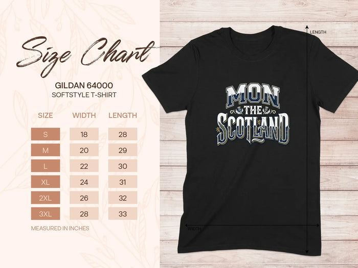 Gildan 64000 softstyle t-shirt size chart with chest width and length in inches.