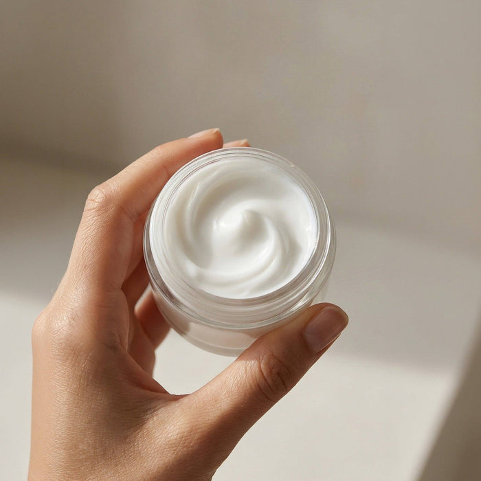 Hand holding open jar of MOTHER MOTHER Magnesium Cream showing creamy white texture
