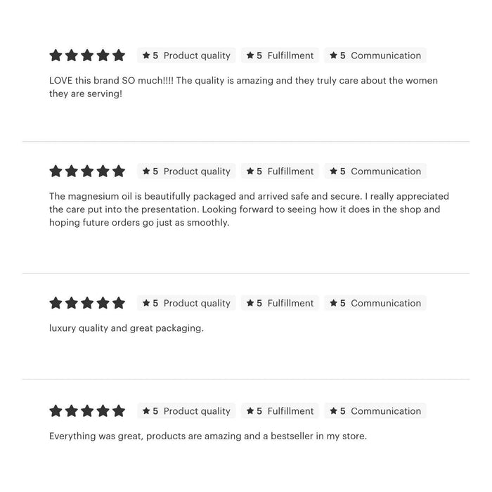 Five-star customer reviews praising MOTHER MOTHER Magnesium Cream quality, packaging, and service