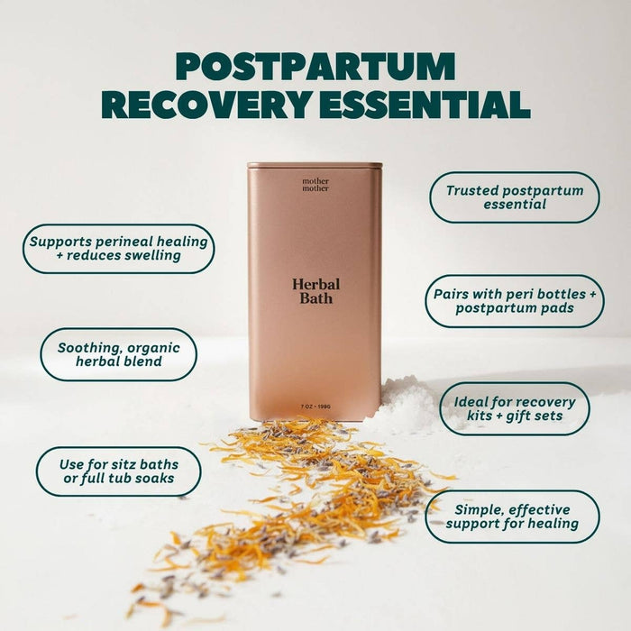 Mother Mother Herbal Bath sitz bath with organic ingredients and postpartum recovery benefits infographic