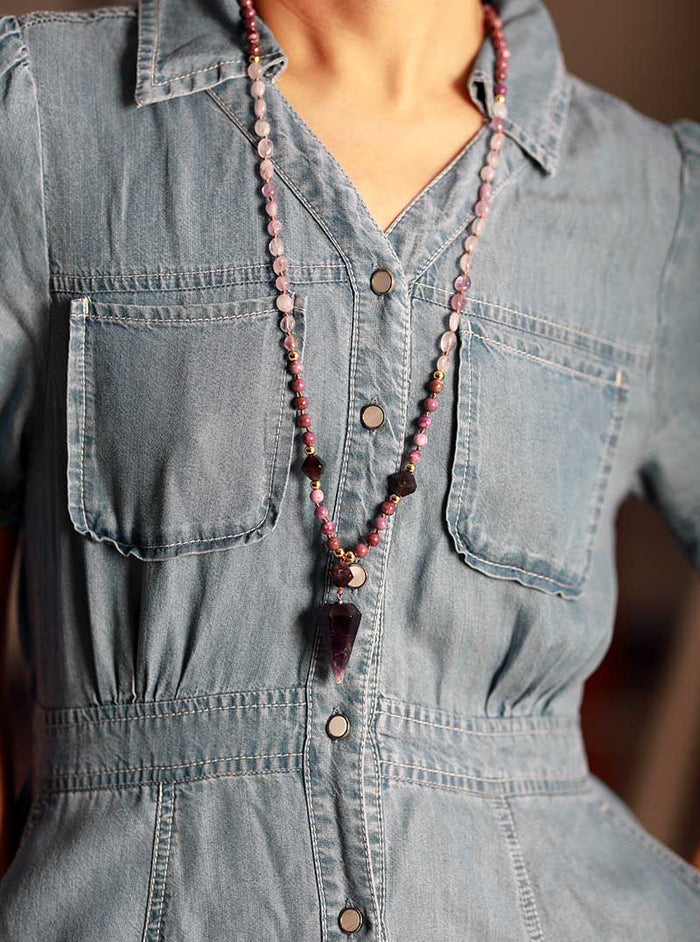 Natural Amethyst, Quartz & Jasper Necklace with Cone Pendant