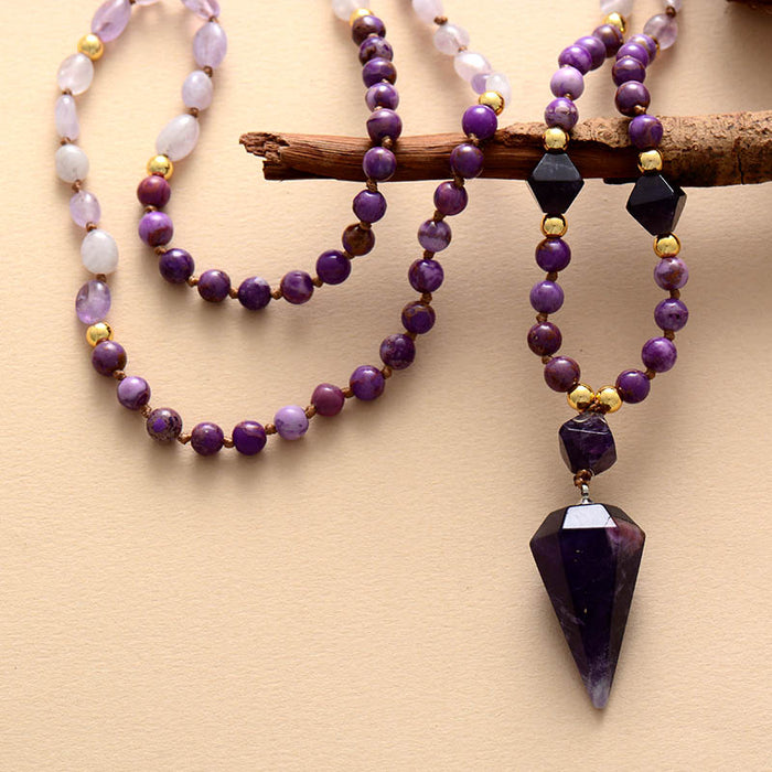 Natural Amethyst, Quartz & Jasper Necklace with Cone Pendant