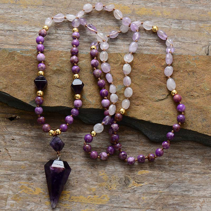 Natural Amethyst, Quartz & Jasper Necklace with Cone Pendant