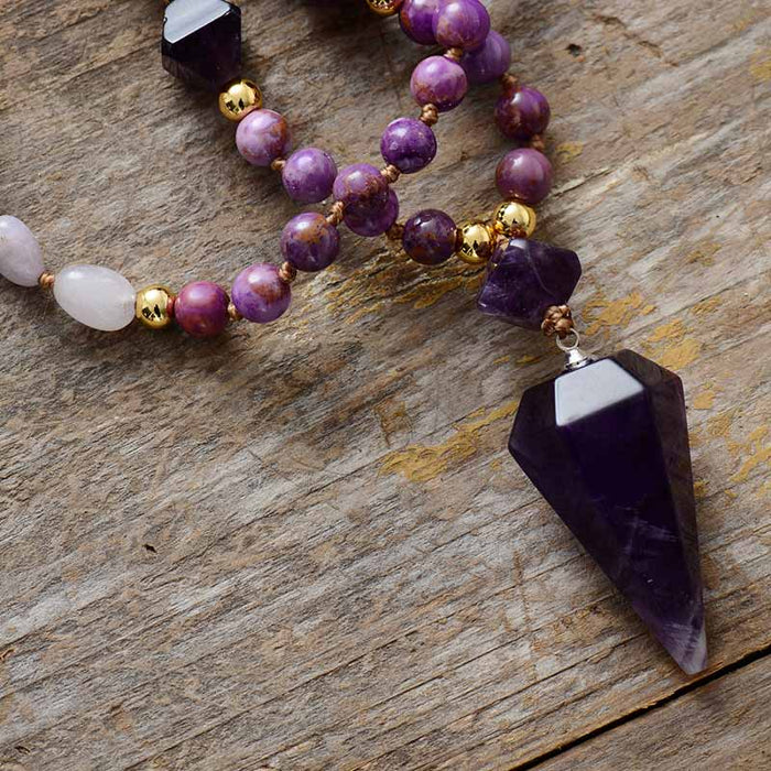 Natural Amethyst, Quartz & Jasper Necklace with Cone Pendant