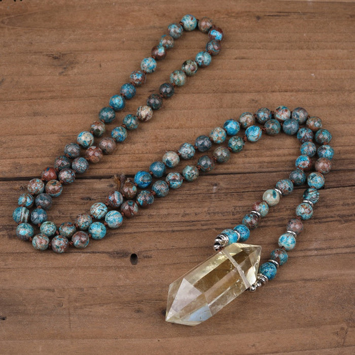 Natural Citrine Double Point Pendant with Ocean Jasper Stone Beads Necklace