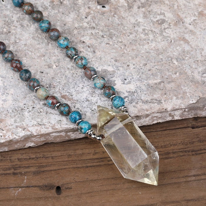 Natural Citrine Double Point Pendant with Ocean Jasper Stone Beads Necklace