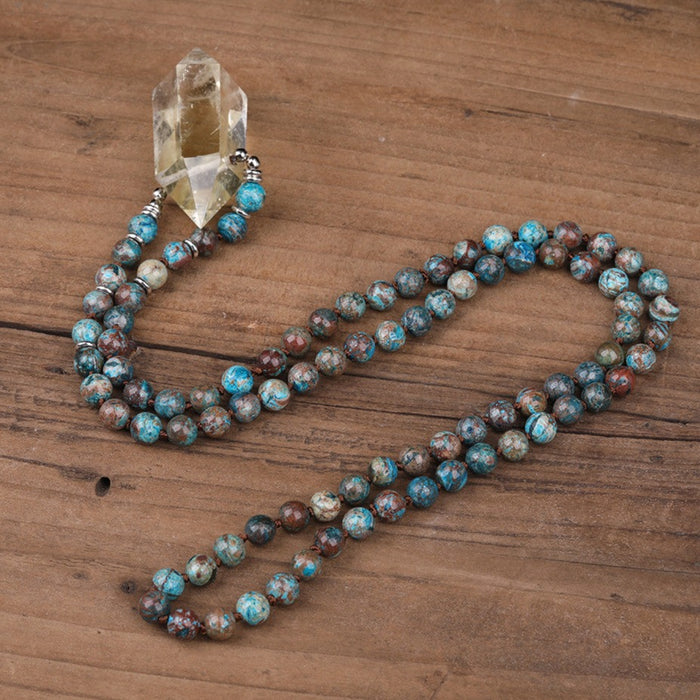 Natural Citrine Double Point Pendant with Ocean Jasper Stone Beads Necklace