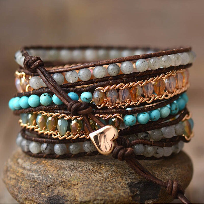 Natural Flash Labradorite, Turquoise & Rhinestones Leather Wrap Bracelet