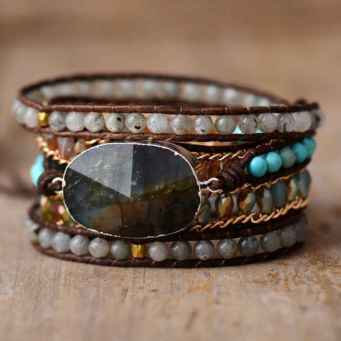 Natural Flash Labradorite, Turquoise & Rhinestones Leather Wrap Bracelet