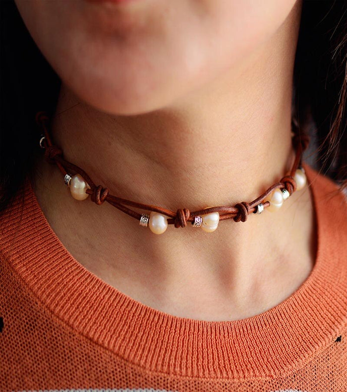 Natural Freshwater Pearls Leather Wrap Bracelet / Necklace