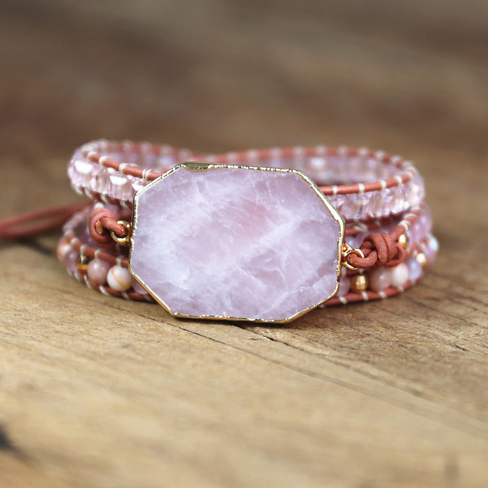Natural Rose Quartz Leather Wrap Bracelet