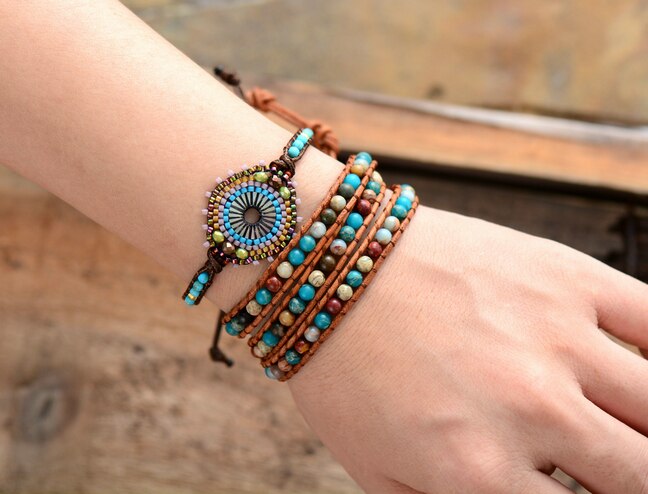 Natural Turquoise & Seed Beads Mandala Wrap Bracelet