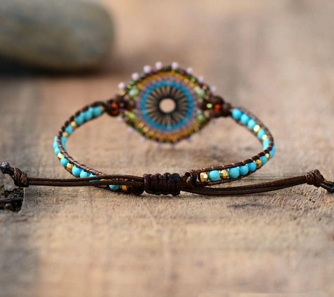 Natural Turquoise & Seed Beads Mandala Wrap Bracelet