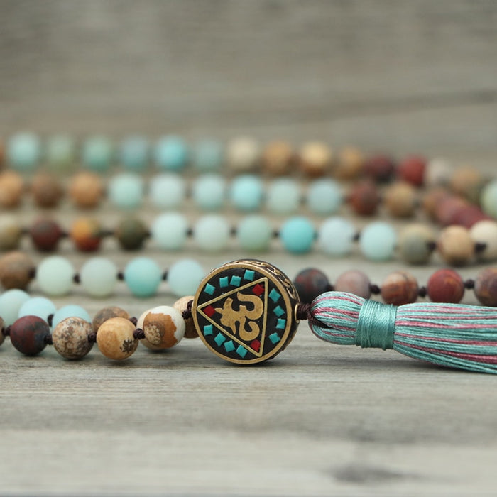 Nepalese 108 Natural Amazonite & Jasper Beads Mala Hum Necklace