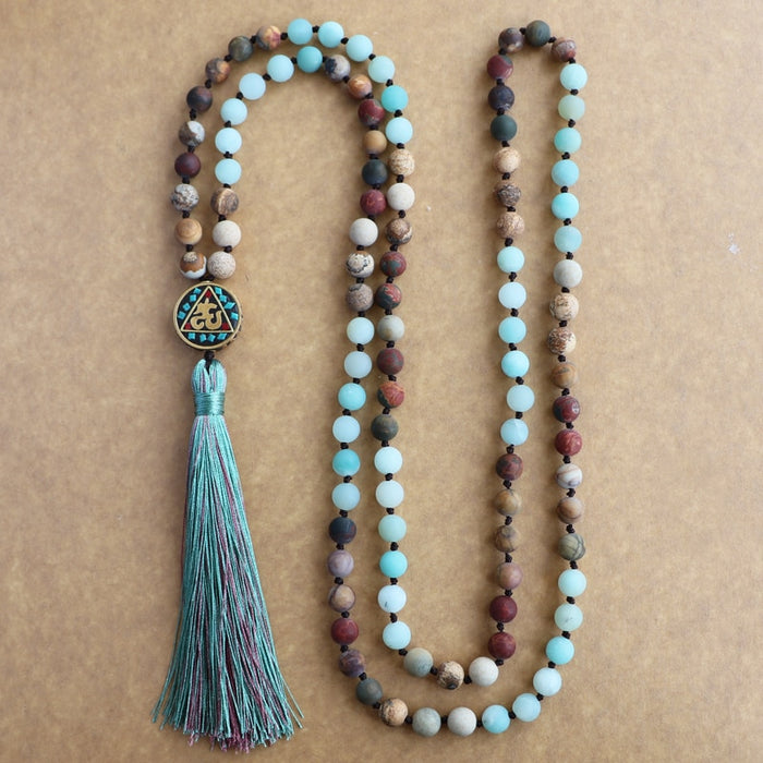 Nepalese 108 Natural Amazonite & Jasper Beads Mala Hum Necklace