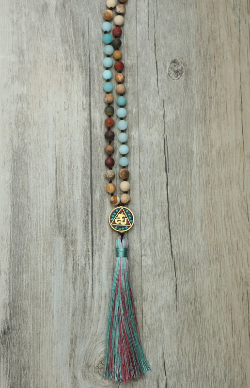 Nepalese 108 Natural Amazonite & Jasper Beads Mala Hum Necklace