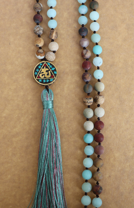 Nepalese 108 Natural Amazonite & Jasper Beads Mala Hum Necklace