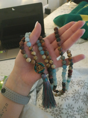 Nepalese 108 Natural Amazonite & Jasper Beads Mala Hum Necklace