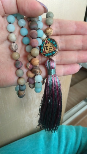 Nepalese 108 Natural Amazonite & Jasper Beads Mala Hum Necklace