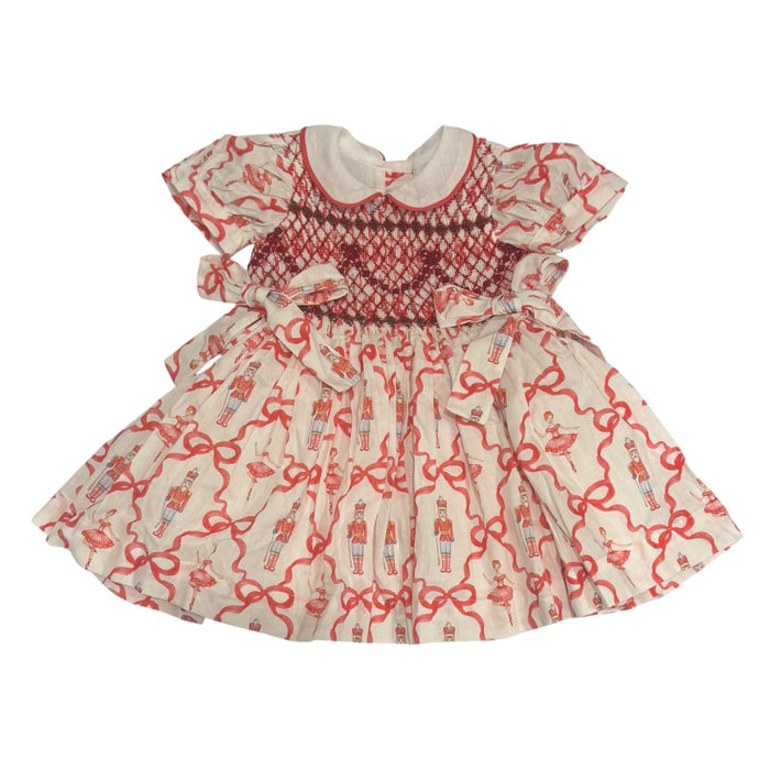 Nutcracker Red Bow Coquette Handsmocked Dress