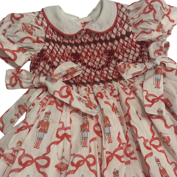 Nutcracker Red Bow Coquette Handsmocked Dress