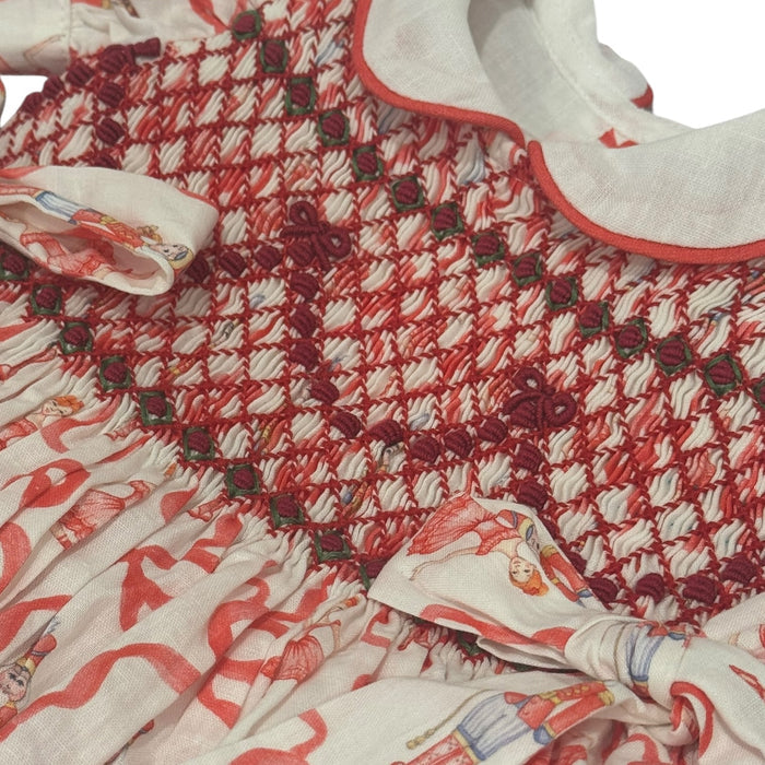 Nutcracker Red Bow Coquette Handsmocked Dress