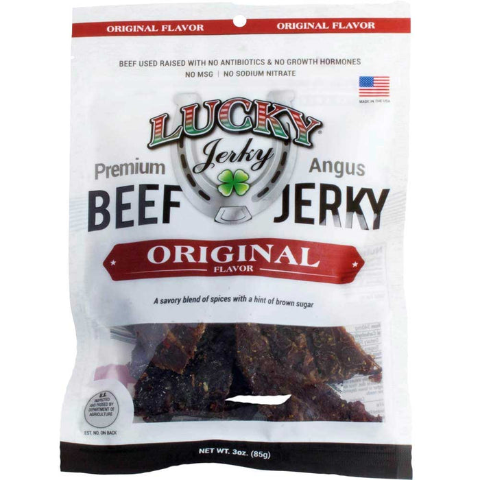 Package of Lucky Jerky Premium Angus Beef Jerky Original Flavor on a white background