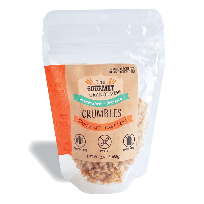 A resealable bag of Peanut Butter Crumbles by The Gourmet Granola, showing the product inside the clear packaging and the brand and product information on the label.