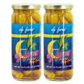 Two jars of Ely Farms pickled baby corn on a white background