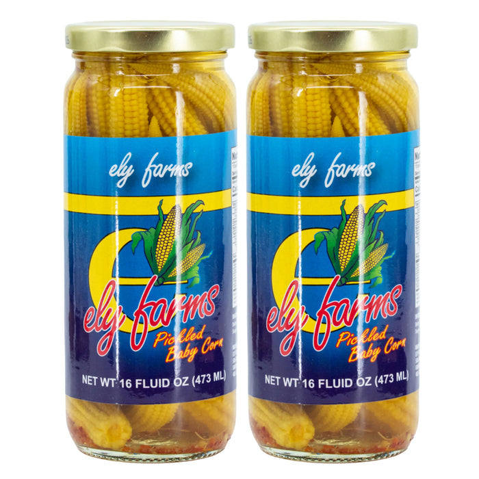 Two jars of Ely Farms pickled baby corn on a white background