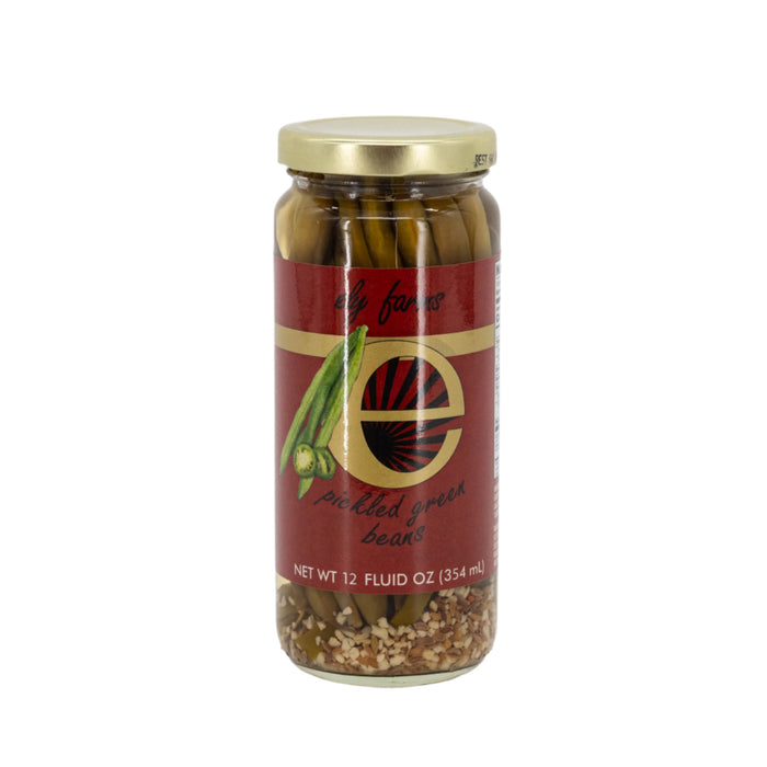 A jar of Pickled Green Beans by Ely Farms on a white background.