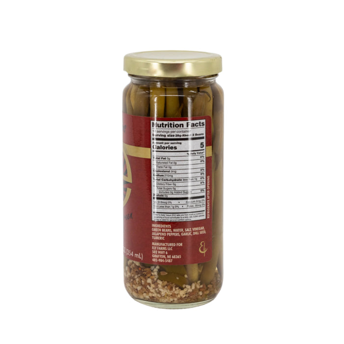 Side view of pickled green beans with nutrition facts