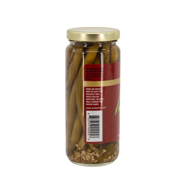 Side view of pickled green beans with UPC