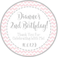 Pink and gray chevron birthday sticker with custom text