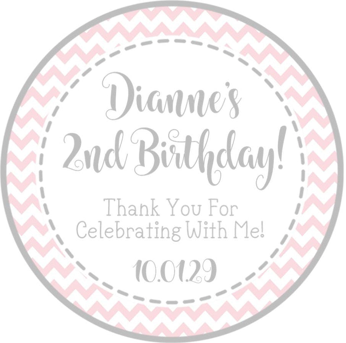 Pink and gray chevron birthday sticker with custom text