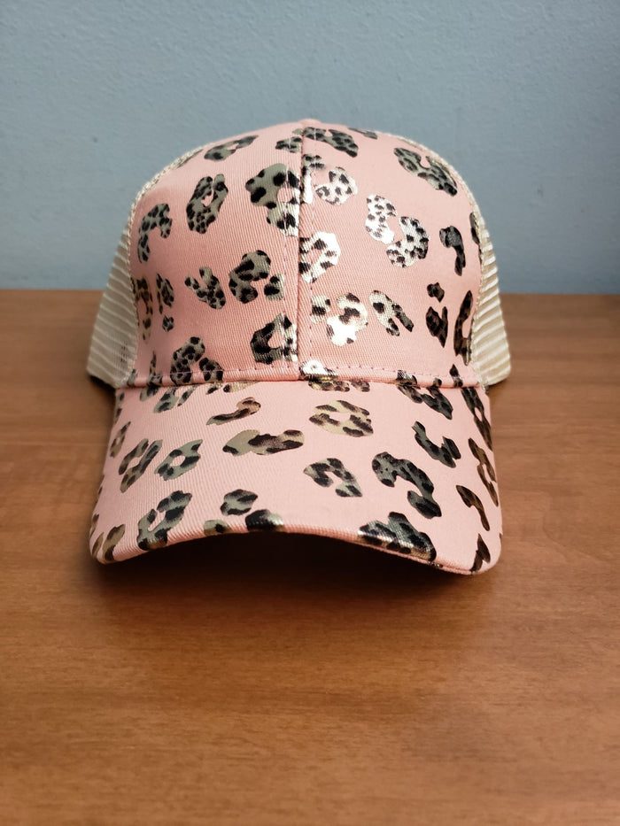 Pink pattern criss cross ponytail hat