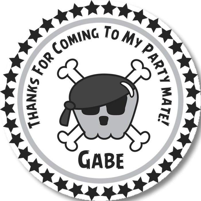 Grey pirate birthday sticker with skull and crossbones design