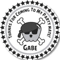 Grey pirate birthday sticker with skull and crossbones design