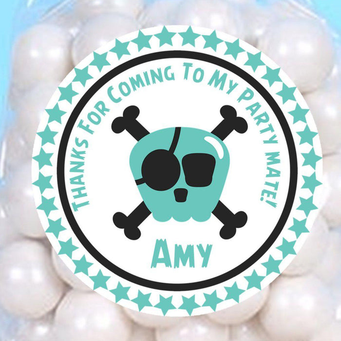 Personalized turquoise pirate sticker for birthday favors