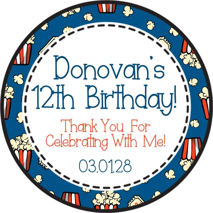 blue popcorn movie birthday sticker design