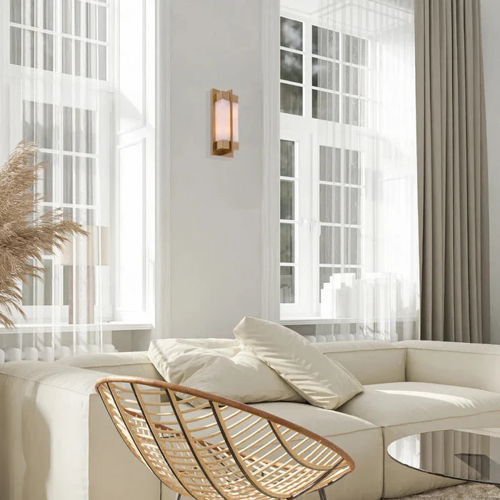 CLA Puente marble wall light installed in modern living room interior