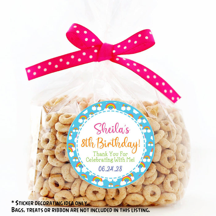 Colorful rainbow and clouds kids birthday label