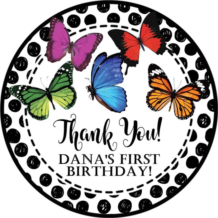 Rainbow multicolor butterfly birthday sticker with black dotted border