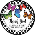 Rainbow multicolor butterfly birthday sticker with black dotted border