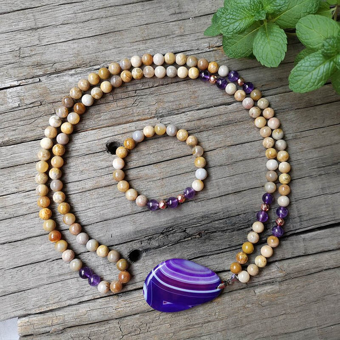 Rare 108 Natural Amethyst & Coral Jade Mala Bead Necklace with Purple Agate Pendant