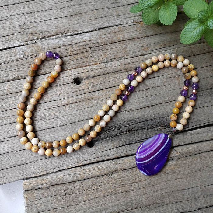 Rare 108 Natural Amethyst & Coral Jade Mala Bead Necklace with Purple Agate Pendant