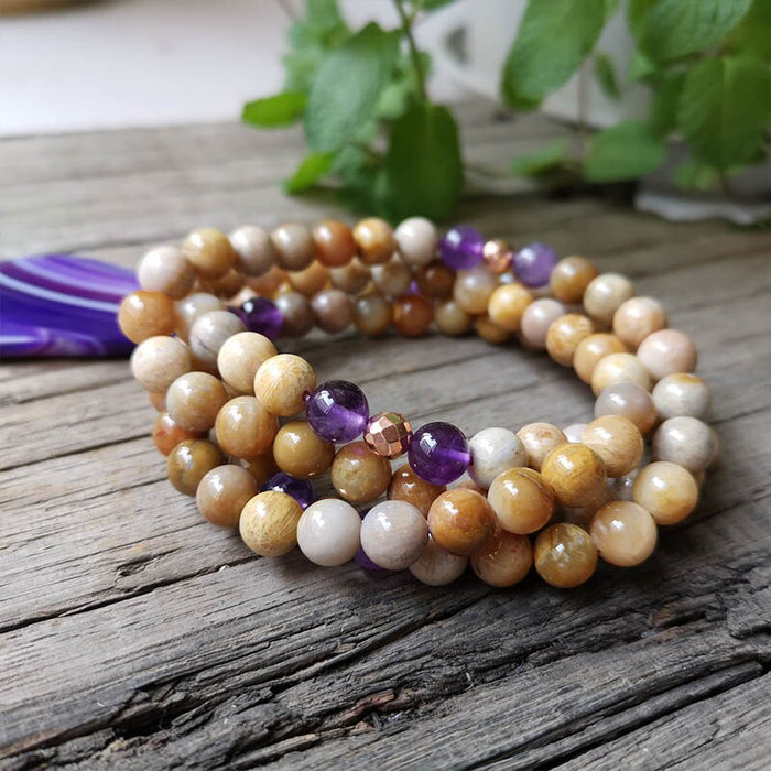 Rare 108 Natural Amethyst & Coral Jade Mala Bead Necklace with Purple Agate Pendant