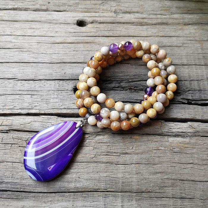 Rare 108 Natural Amethyst & Coral Jade Mala Bead Necklace with Purple Agate Pendant